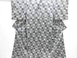 アンティーク　変わり市松模様手織り真綿紬着物